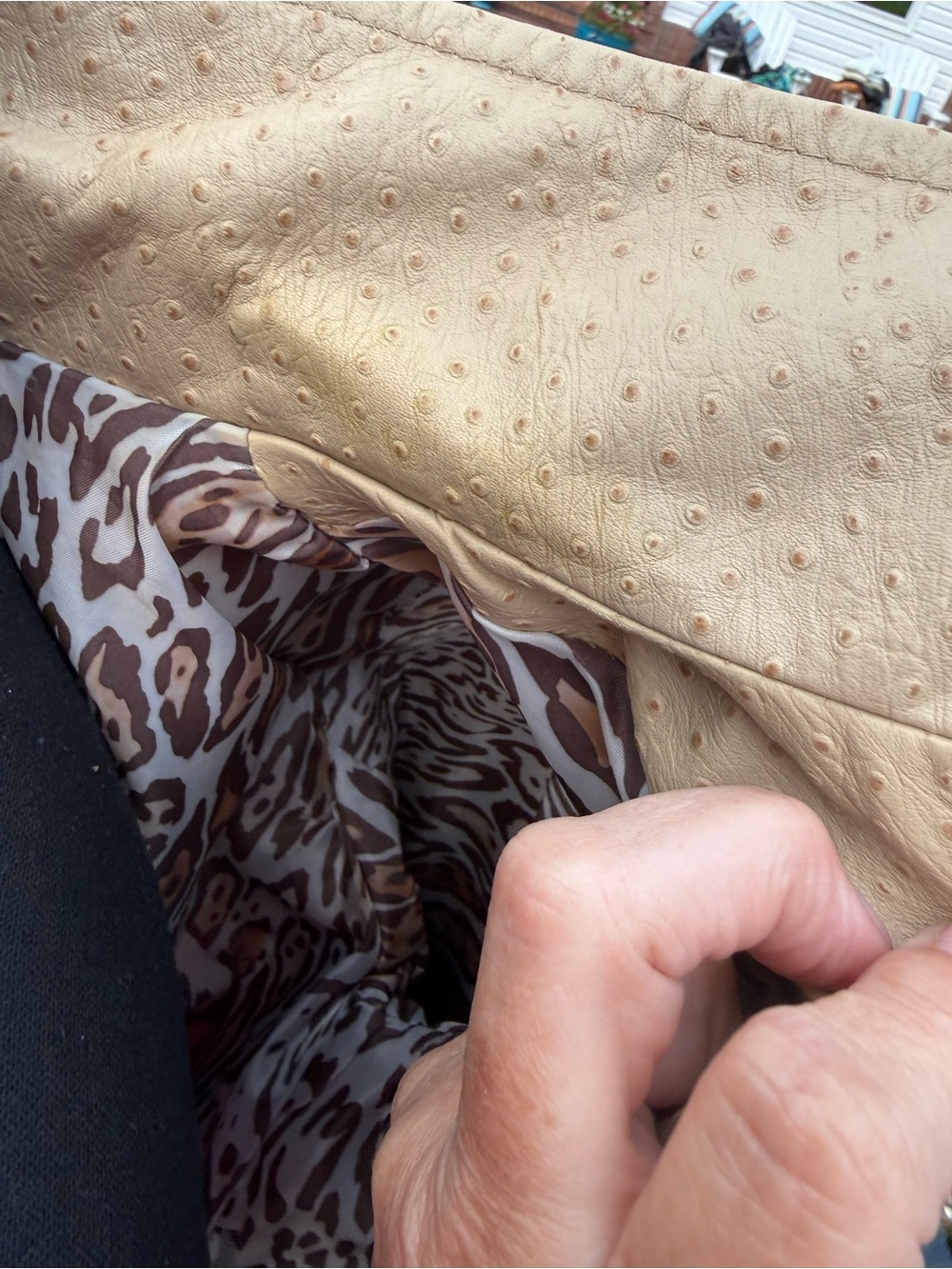 Vera Pelle Light Tan Perforated Ostrich embossed Leather Jacket Buckle Collar - Picture 7 of 14